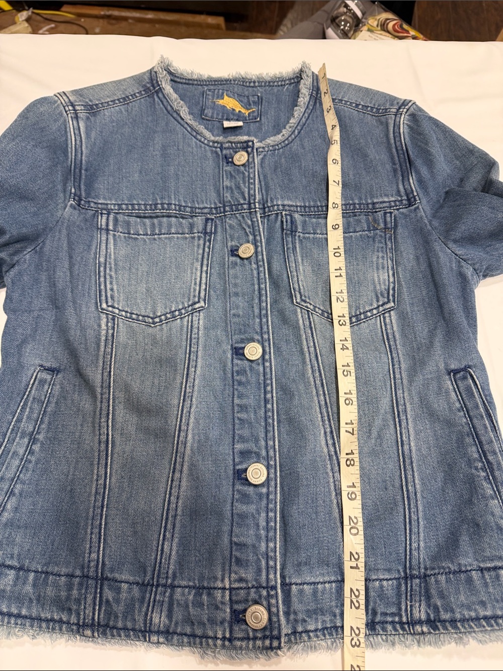 Tommy Bahama Frayed Collarless Denim Jean Jacket, SMALL - Picture 7 of 8